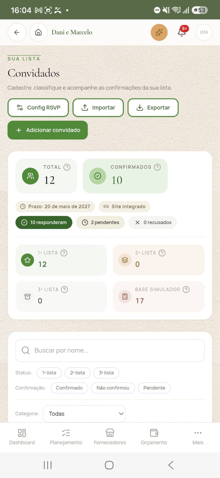 Lista de convidados e RSVP no celular
